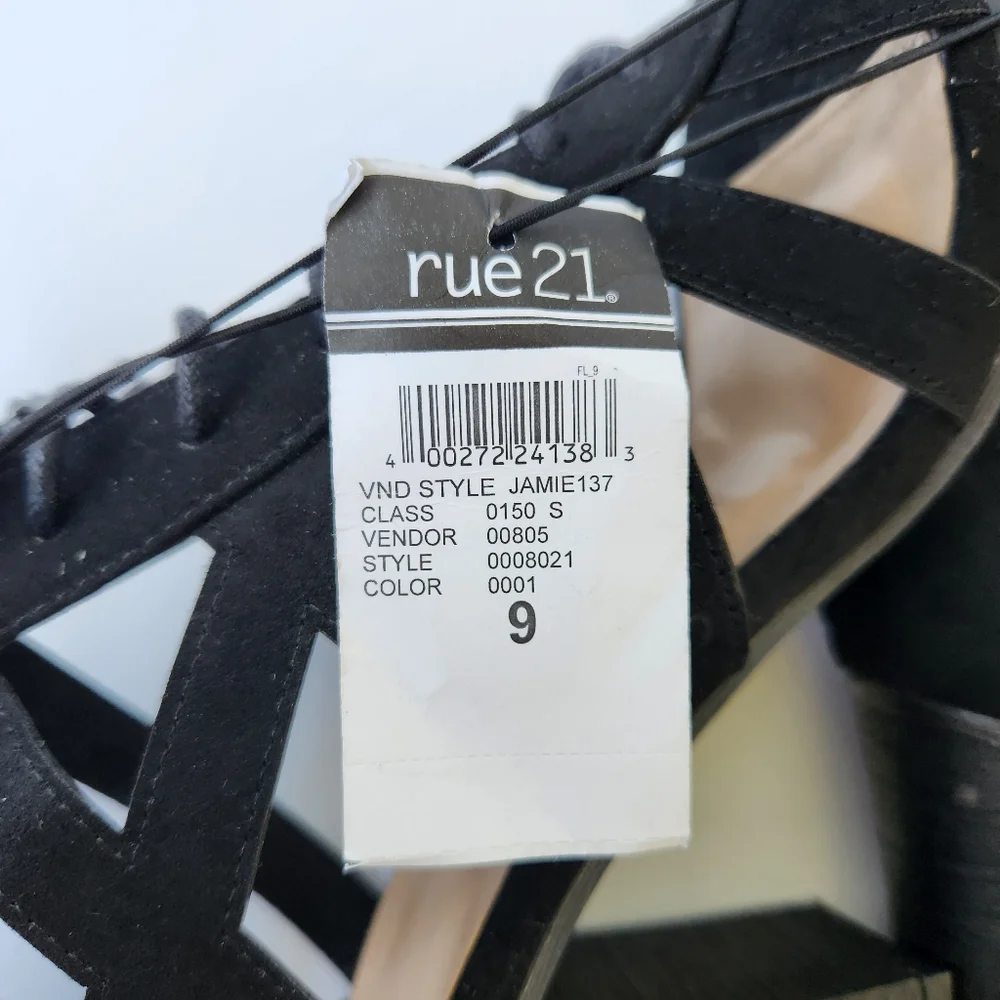 Rue 21 Peep Toe Lace Up Booties Black Back Zipper Block Heel Sexy Cute Size 9